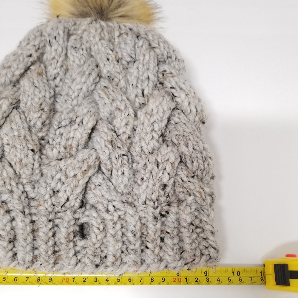 Handmade Speckled Acrylic Mohair Beanie with Faux Fur Pom & Ponytail Hole - Picture 7 of 8
